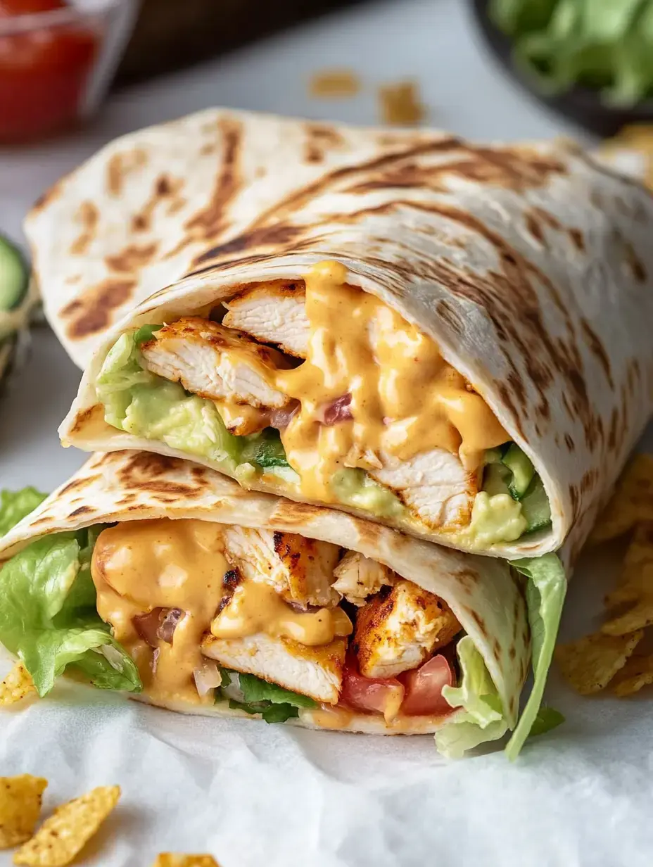 Gros plan d'un wrap au poulet grillé fourré de laitue, tomate, guacamole et sauce crémeuse, servi avec des tortillas chips.