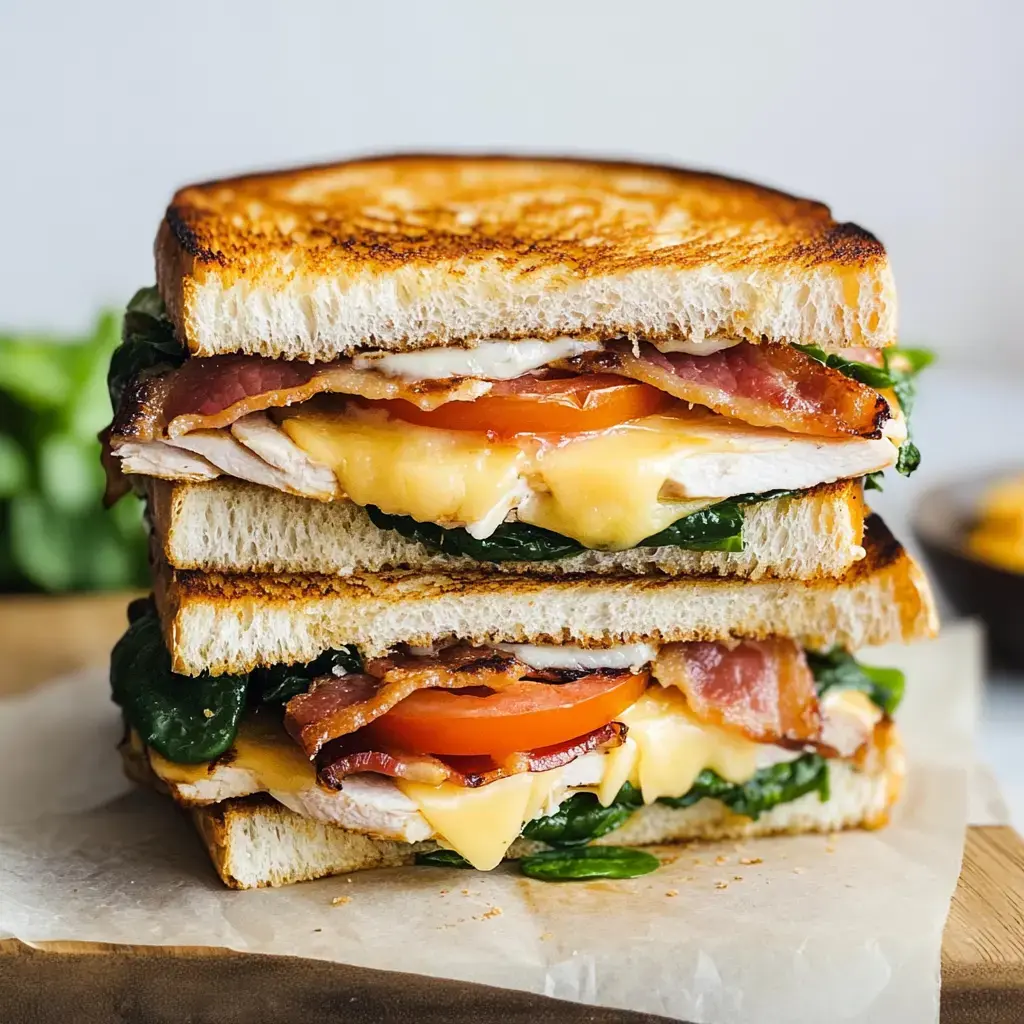 Un sandwich imposant fait de pain grillé, garni de bacon, poulet, fromage, épinards et tomate.