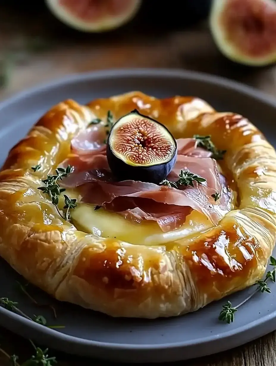 Une pâtisserie dorée garnie de jambon cru, fromage crémeux et une tranche de figue fraîche, décorée de thym, posée sur une assiette grise.