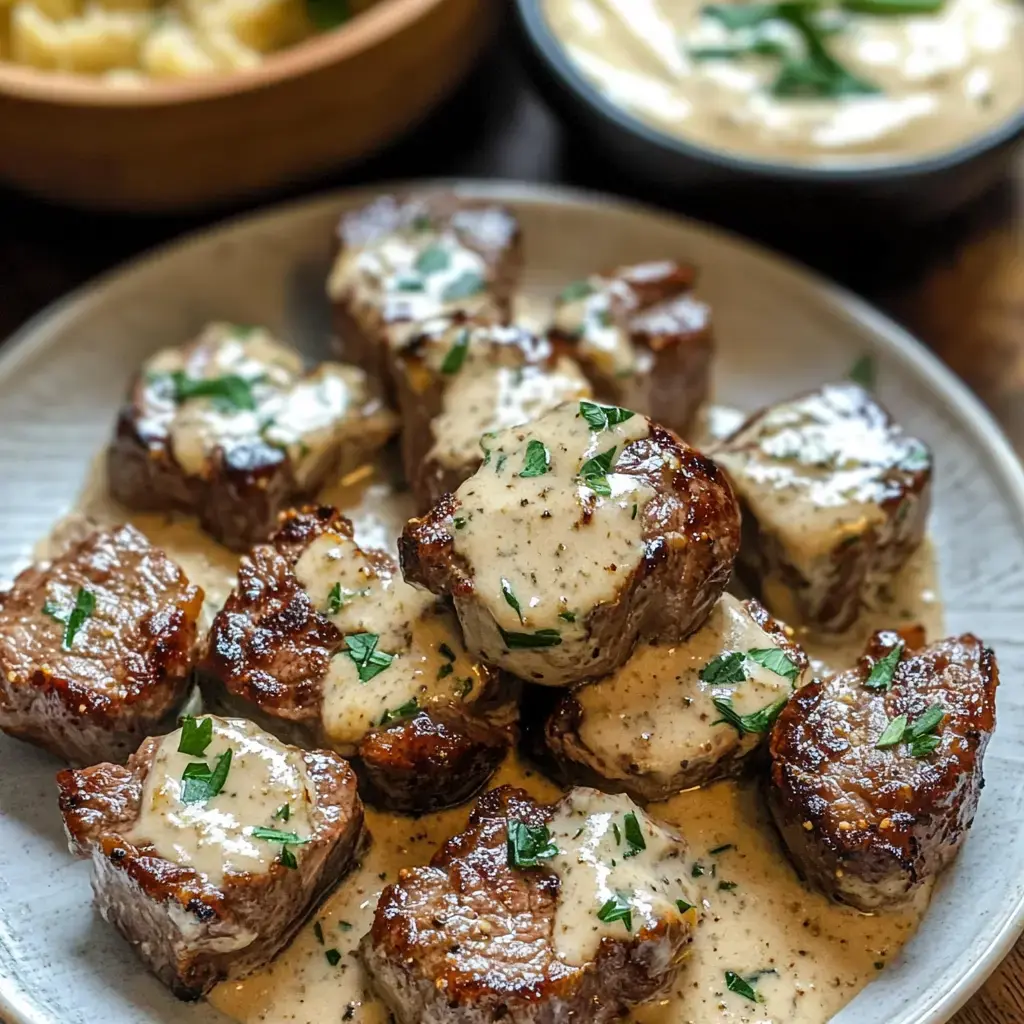 Une assiette de médaillons de bœuf tendres nappés de sauce crémeuse et garnis de persil.