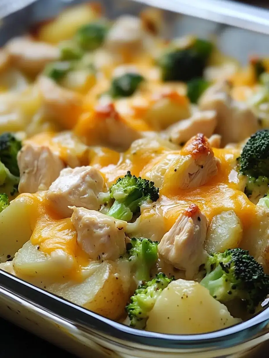Vue rapprochée d'un plat cuit au four avec du poulet, du brocoli et des pommes de terre recouverts de fromage fondu.