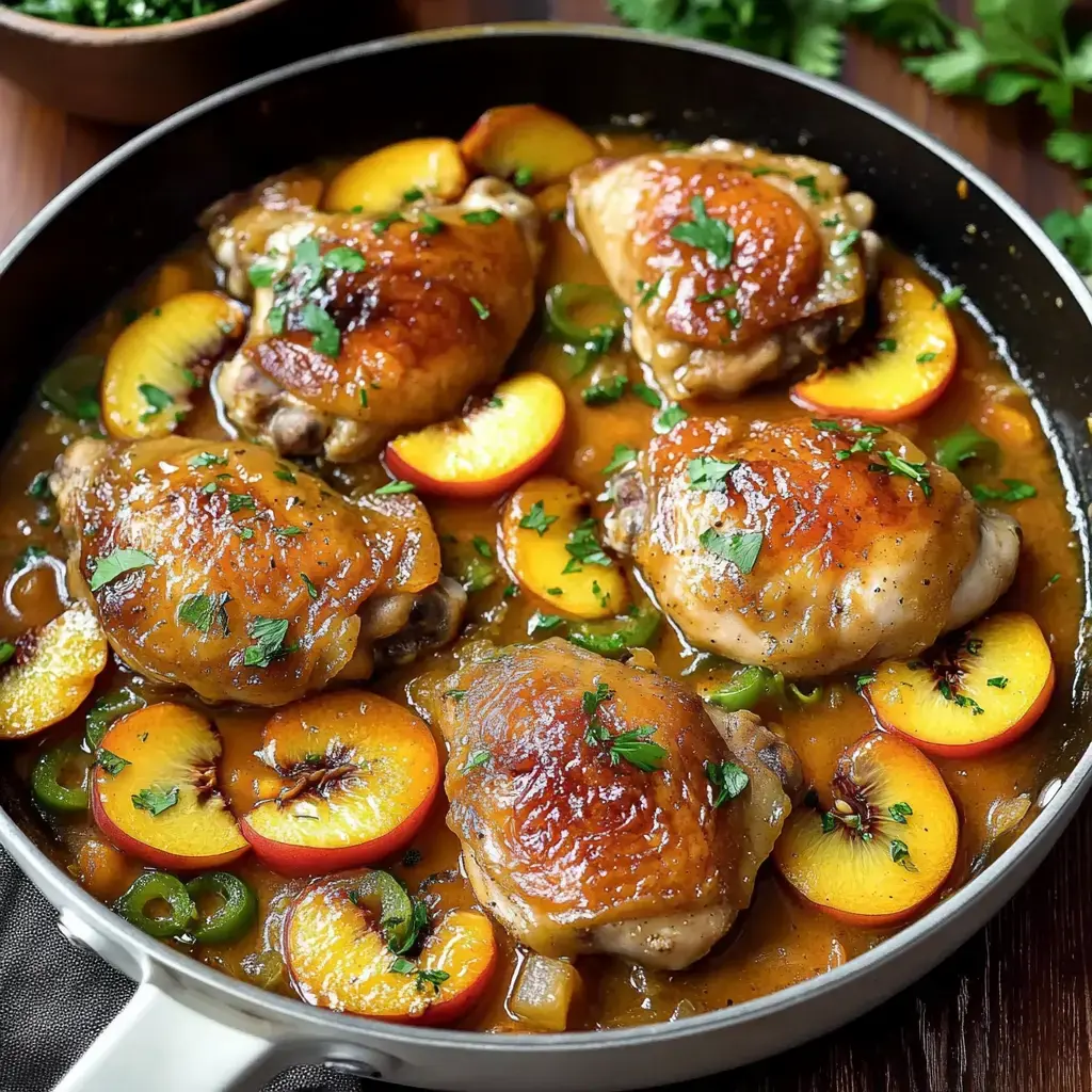 Une poêle remplie de cuisses de poulet succulentes mijotant dans une sauce savoureuse, garnie d'herbes fraîches et entourée de tranches de pêches et de jalapeños.