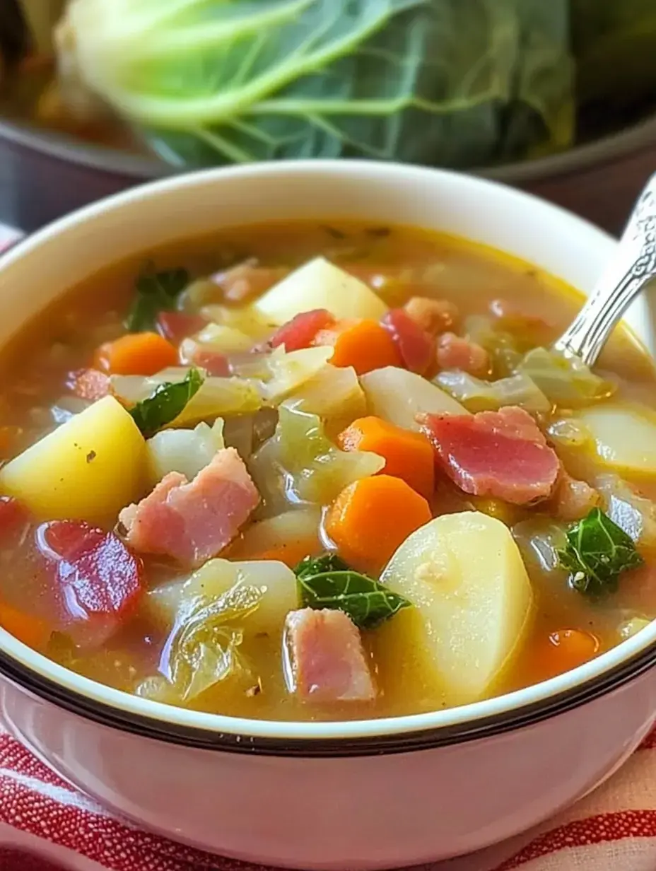 Un bol de soupe copieuse aux légumes et jambon contenant pommes de terre, carottes, tomates et légumes verts posé sur une nappe à motifs.