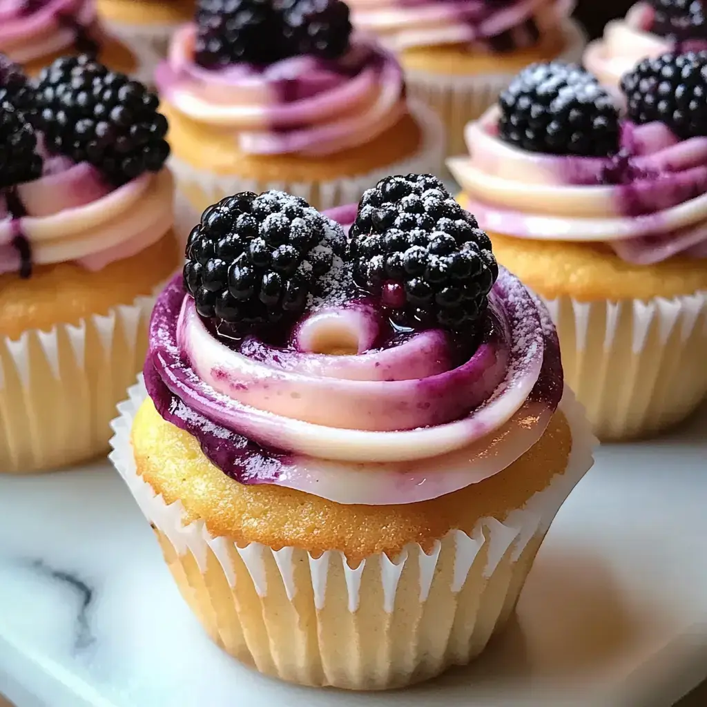 Une vue rapprochée de cupcakes jaunes garnis de tourbillons de glaçage rose et violet, décorés de mûres et saupoudrés de sucre glace.