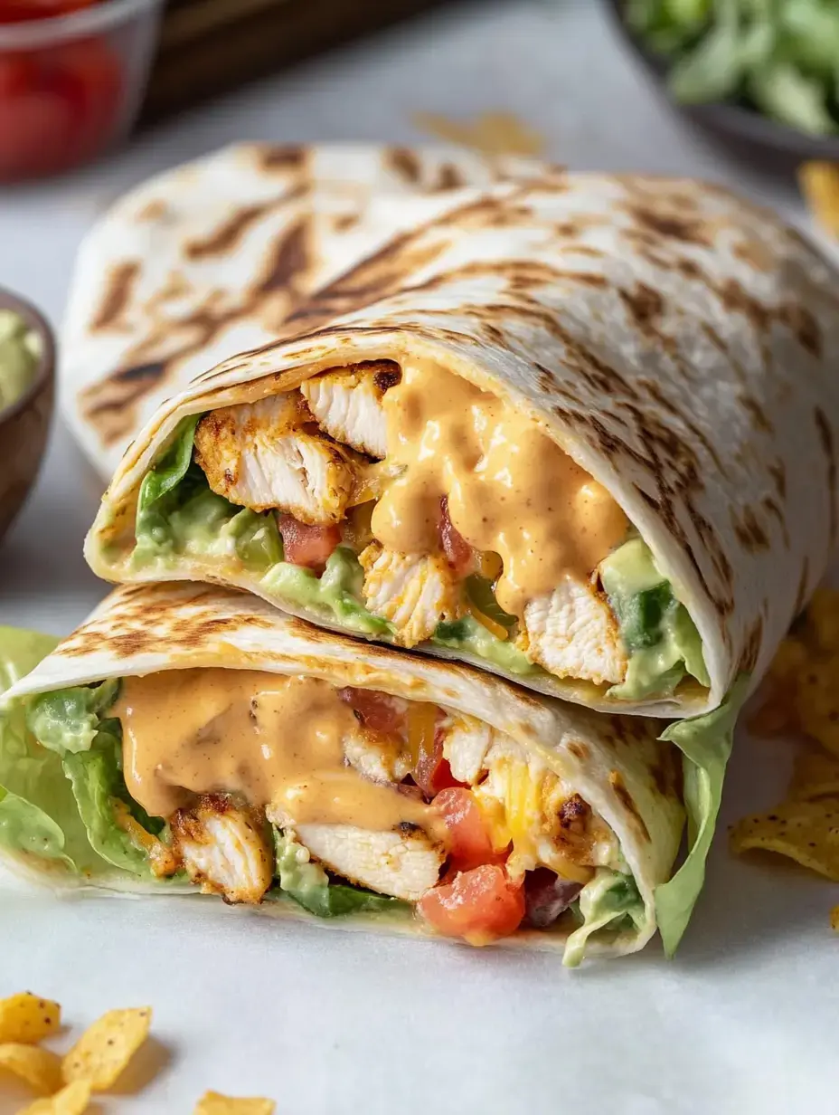 Gros plan d'un wrap au poulet grillé garni de laitue, tomates et sauce crémeuse, servi avec des chips de tortilla.