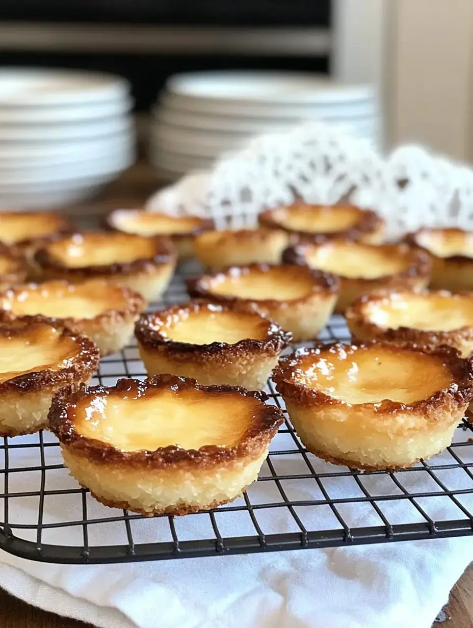 Une grille de refroidissement soutient plusieurs mini-gâteaux dorés avec un nappage lisse, disposés devant des assiettes empilées.