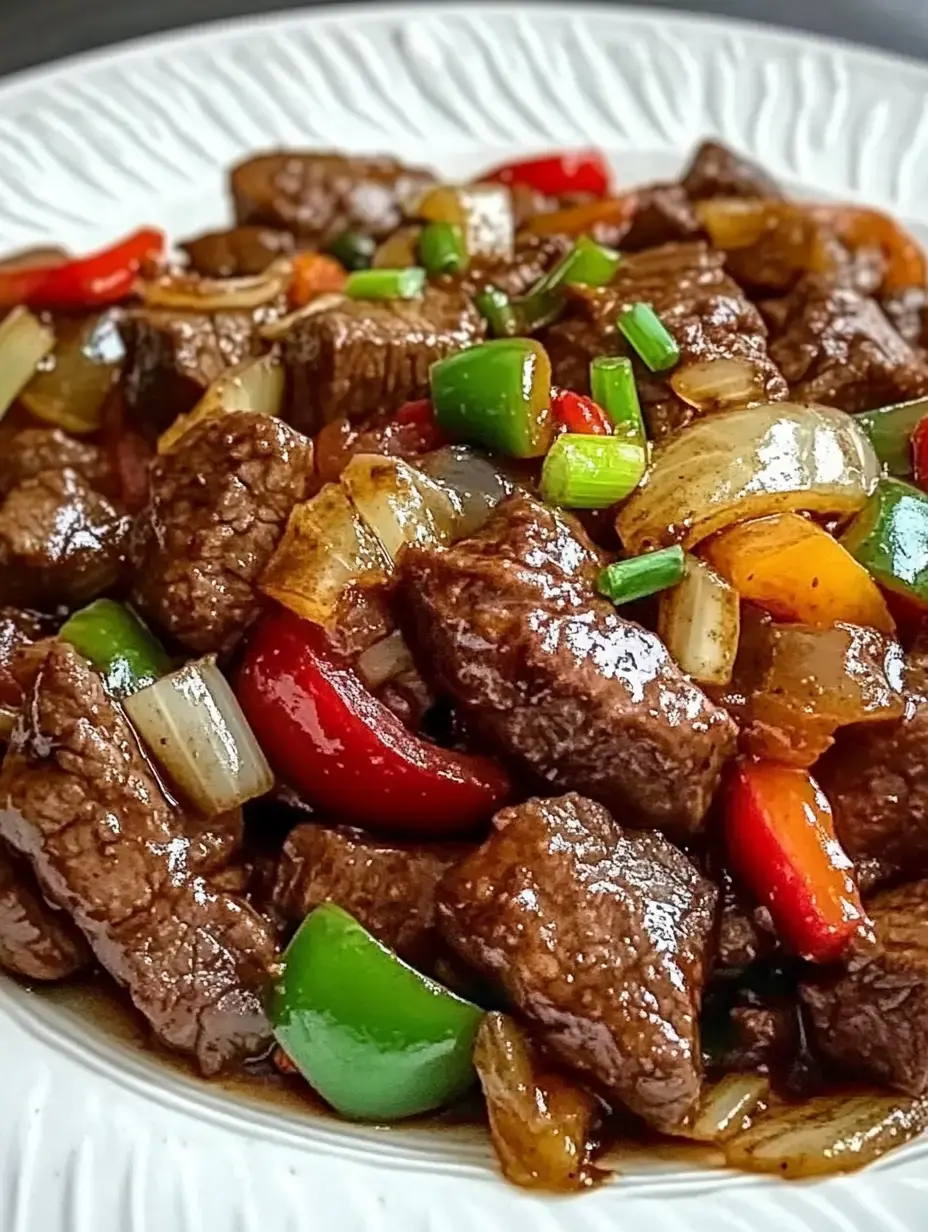 Une assiette de bœuf sauté avec des poivrons colorés et des oignons, nappés d'une sauce savoureuse.