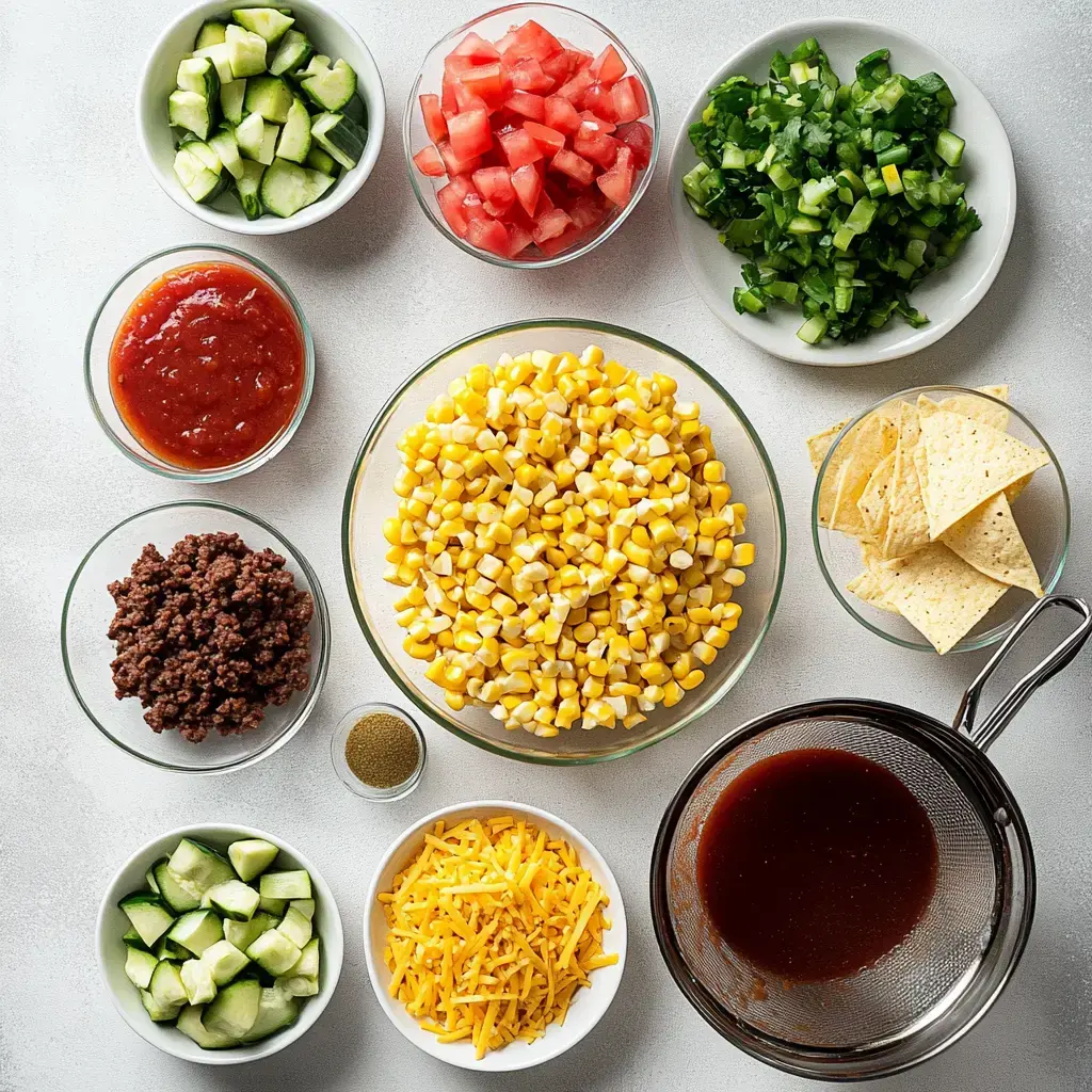 Une variété d'ingrédients frais, incluant du maïs, des tomates hachées, des oignons verts, des concombres, du bœuf haché, du fromage cheddar, de la salsa et des chips tortilla, sont disposés dans des bols transparents sur une surface claire.