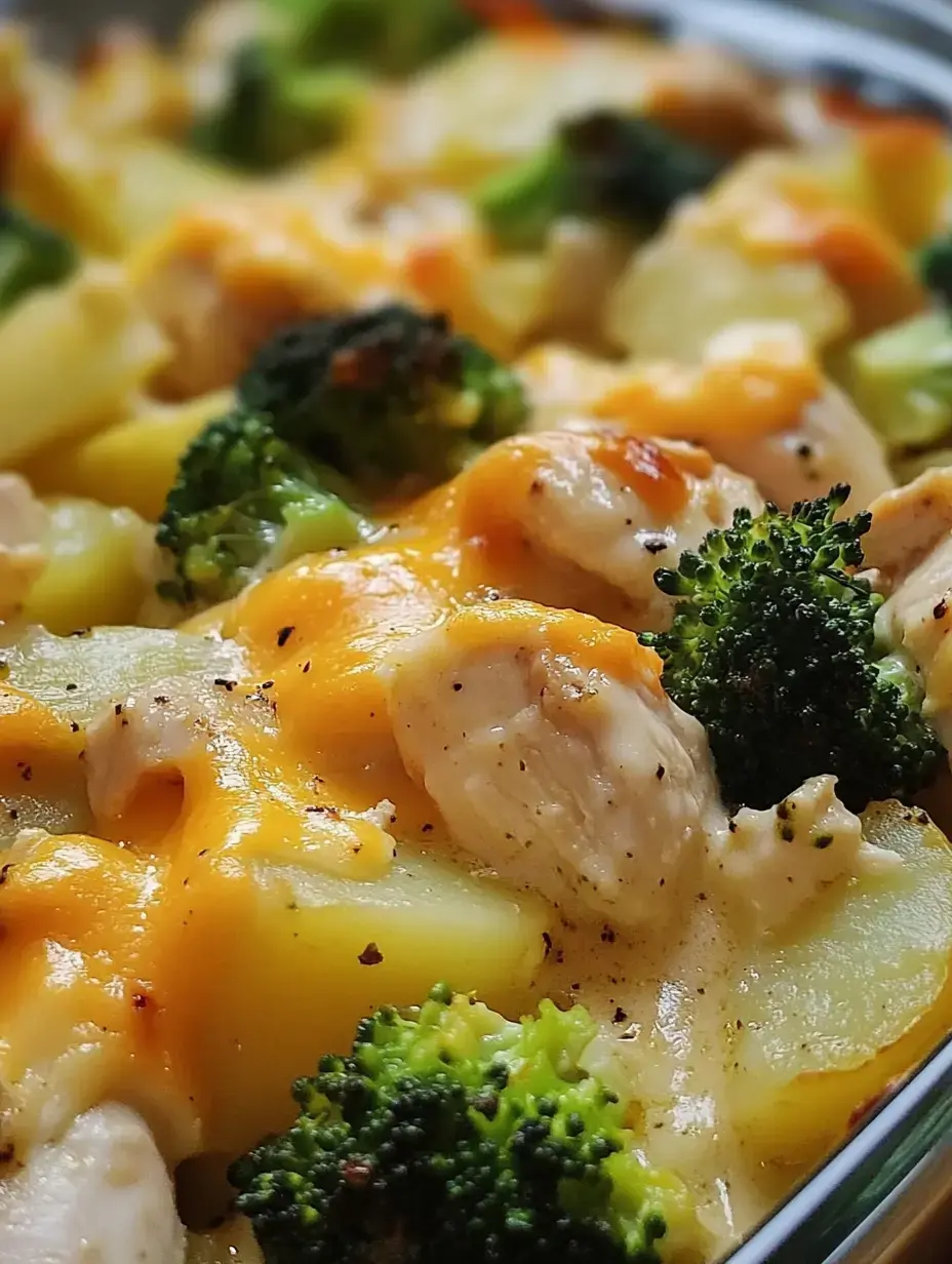 Gros plan d'un plat cuit au four avec du poulet, du brocoli et des pommes de terre, recouvert de fromage fondu.