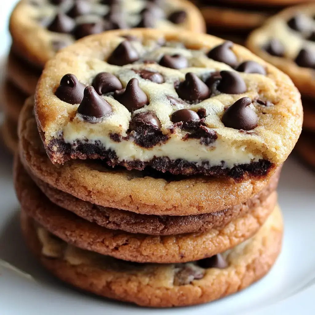 Une pile de biscuits aux pépites de chocolat fraîchement cuits, avec un biscuit montrant une garniture crémeuse et des morceaux de chocolat sur le dessus.