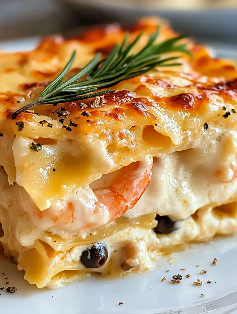 Un gros plan de délicieuses lasagnes aux fruits de mer avec des couches de crevettes, sauce crémeuse, et garnies d'un brin de romarin.