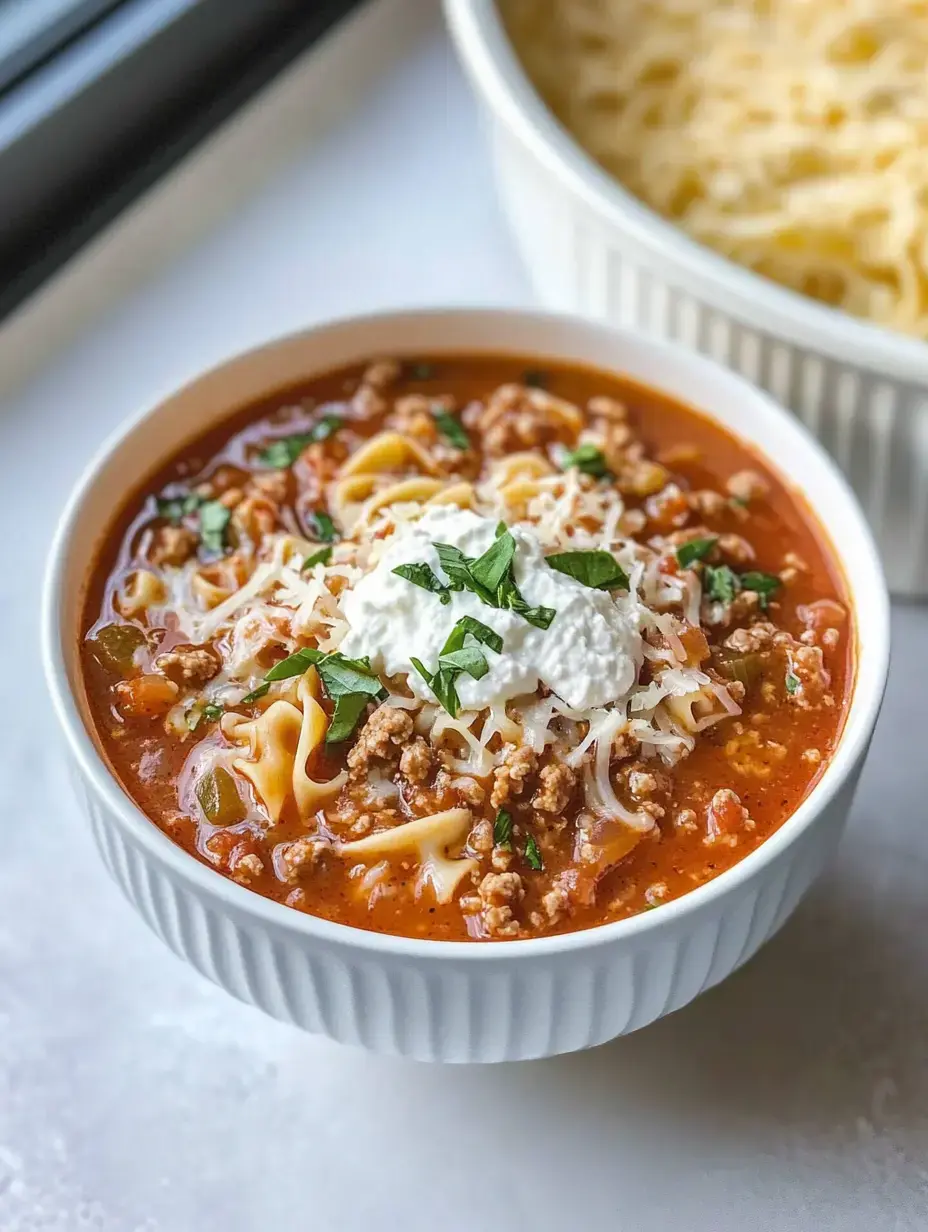 Un bol de soupe lasagne généreuse garnie de fromage râpé, ricotta et herbes fraîches, avec en arrière-plan du fromage dans un plat.