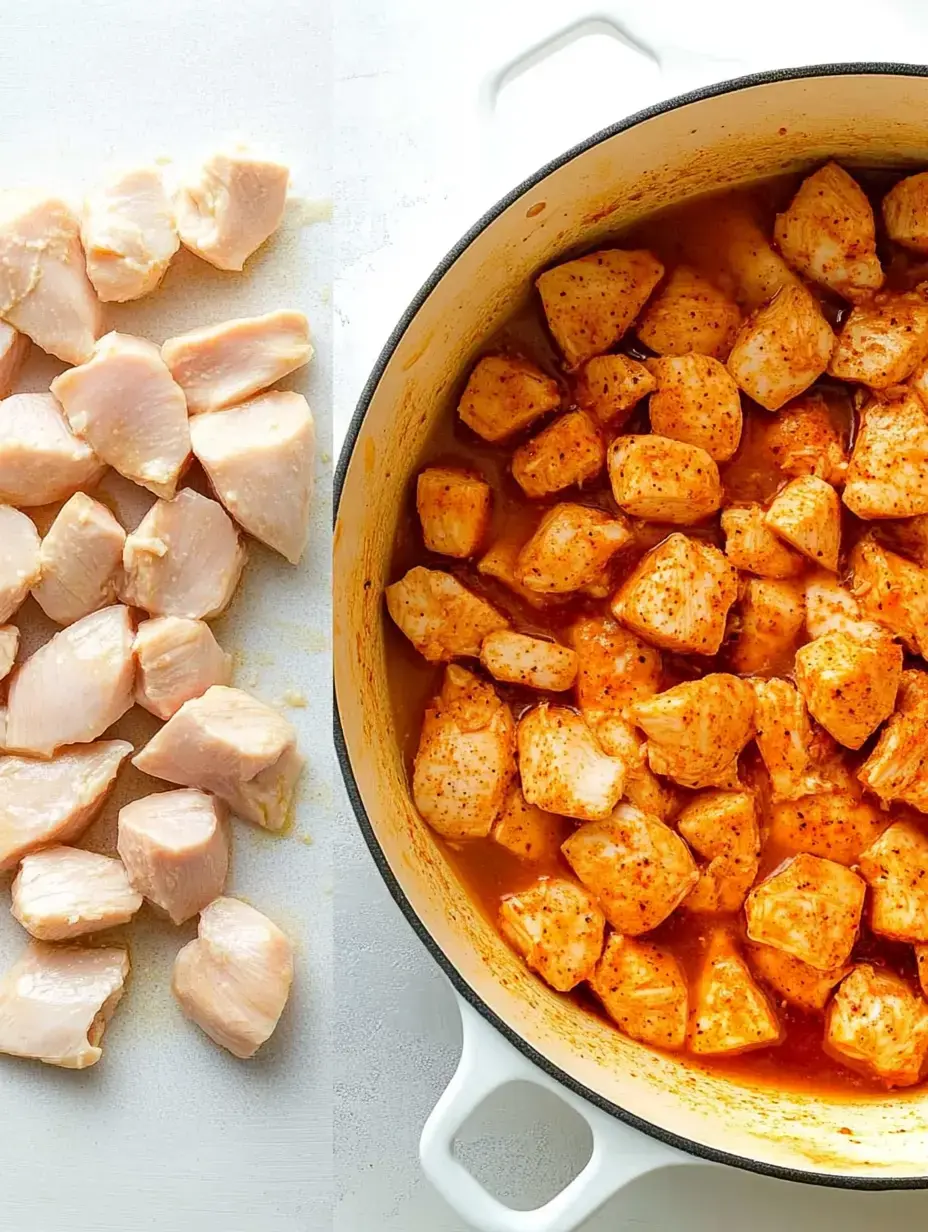 Des morceaux de blanc de poulet cru sont présentés à gauche à côté de cubes de poulet assaisonnés qui cuisent dans une marmite à droite.