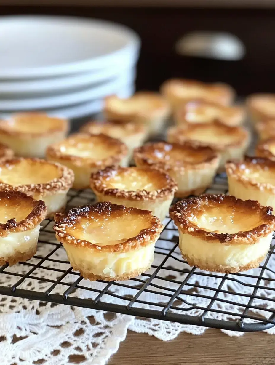 Un plateau de mini-tartelettes fraîchement cuites refroidissant sur une grille, avec des assiettes blanches en arrière-plan.