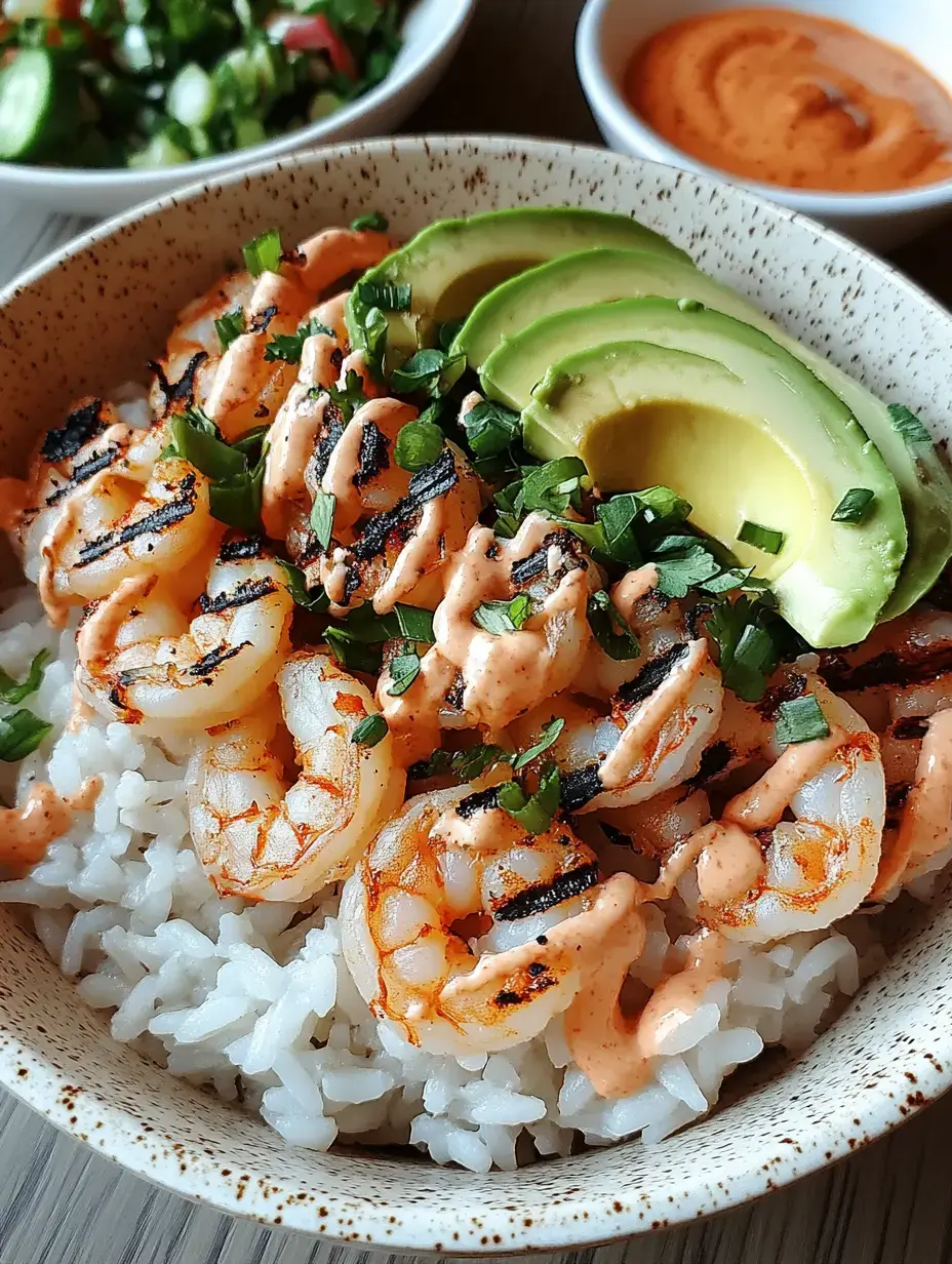 Un bol de riz garni de crevettes grillées, d'avocat tranché, de ciboulette, et arrosé d'une sauce épicée, accompagné d'une salade et d'une sauce pour tremper.