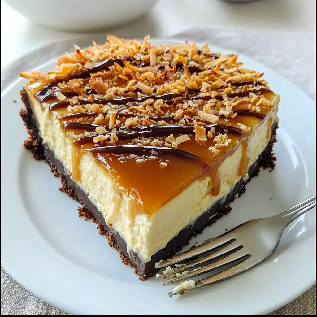 Une part de cheesecake garnie de caramel, filet de chocolat et noix de coco grillée, servie sur une assiette blanche avec une fourchette à côté.