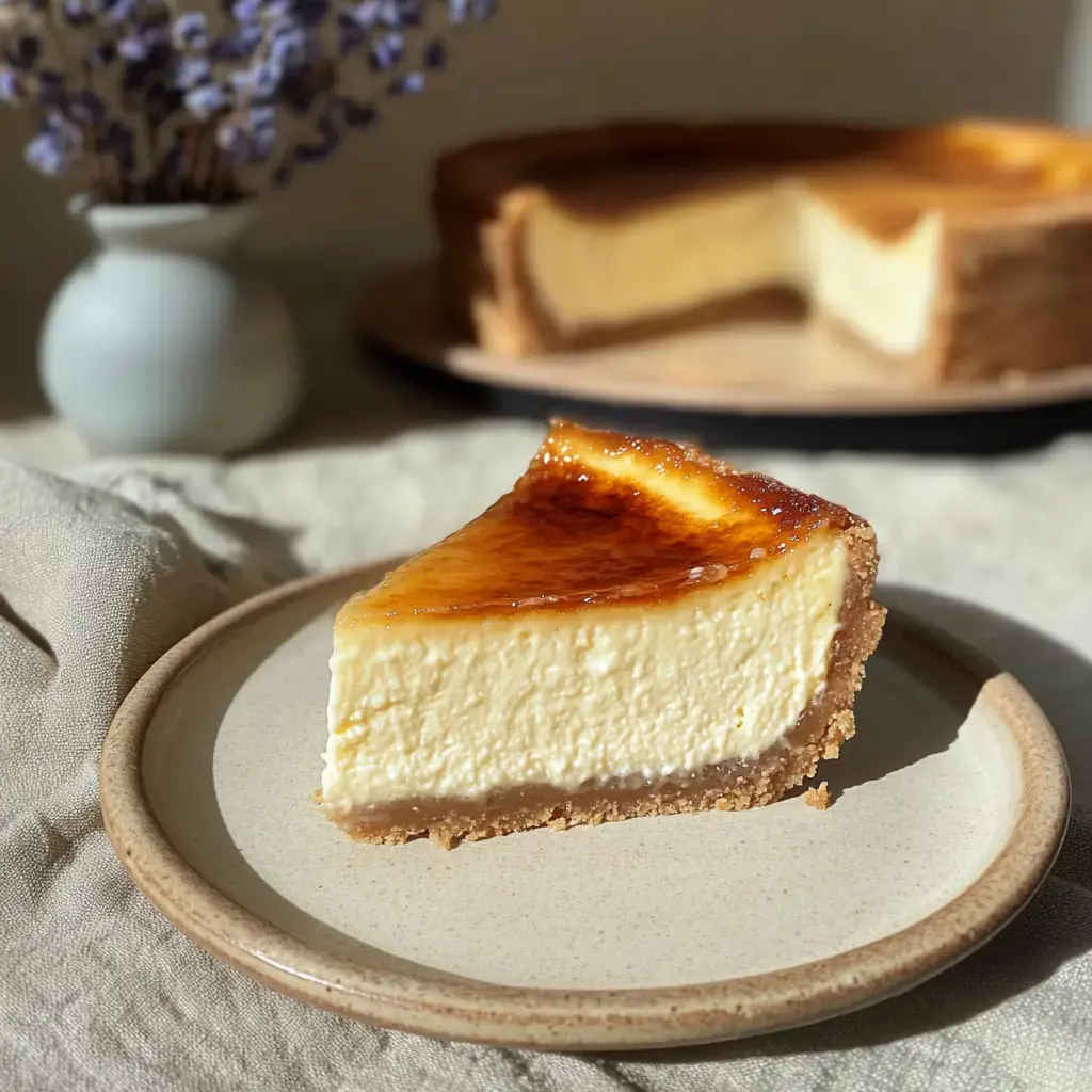Une part de cheesecake crémeux avec une surface caramélisée posée sur une assiette beige, avec un cheesecake entier et un vase de lavande en arrière-plan.