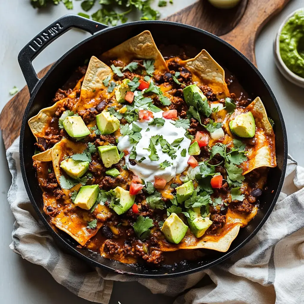 Une poêle remplie de nachos garnis de bœuf haché, haricots noirs, tomates en dés, avocat, coriandre et une cuillerée de crème fraîche.