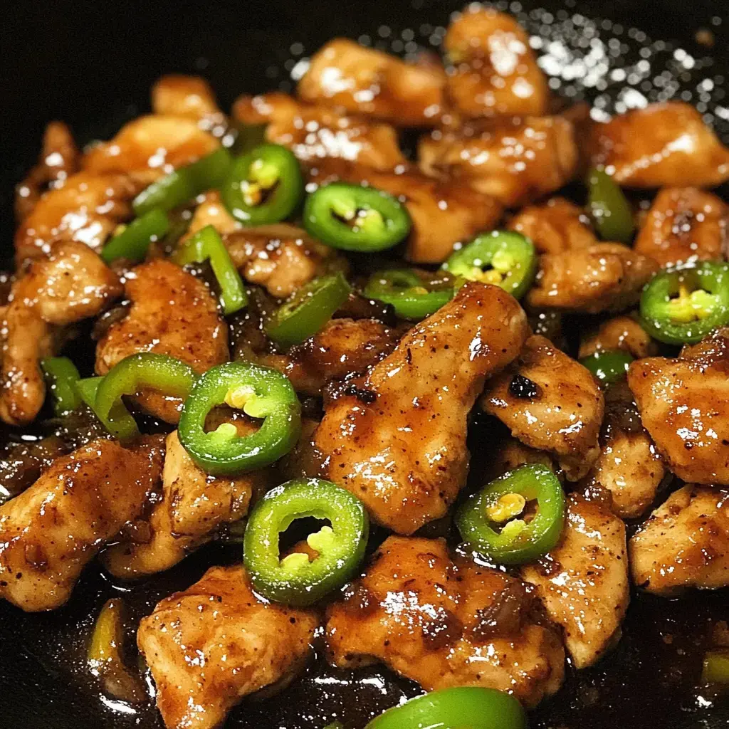 Un gros plan de morceaux de poulet cuits nappés d'une sauce foncée, garnis de jalapeños verts tranchés et de poivrons.