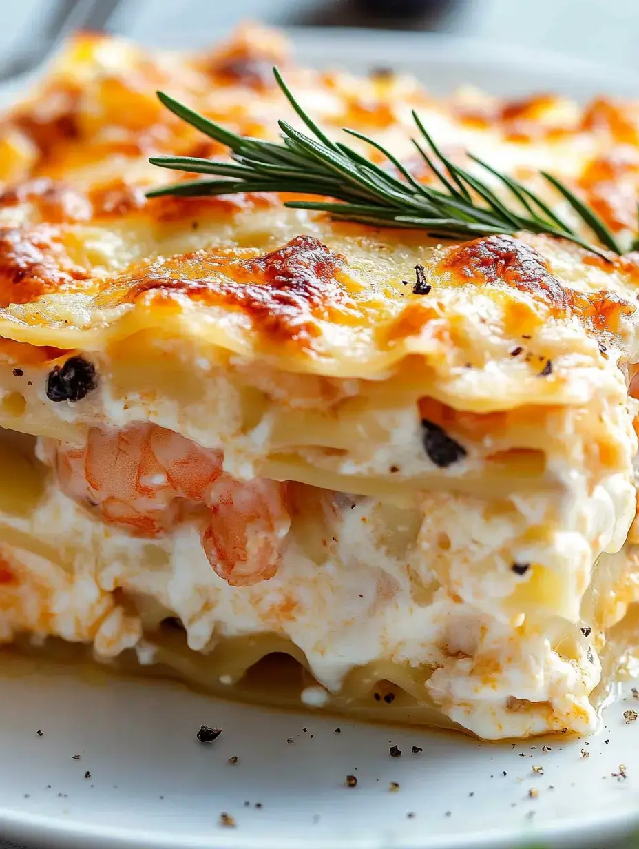 Un gros plan d'une part de lasagnes aux crevettes recouvertes de fromage fondu et garnies d'un brin de romarin.