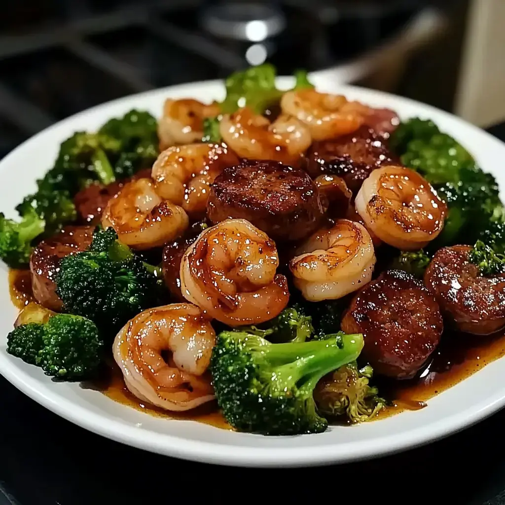Un gros plan d'une assiette remplie de crevettes sautées, saucisse et brocoli arrosés d'une sauce brillante.