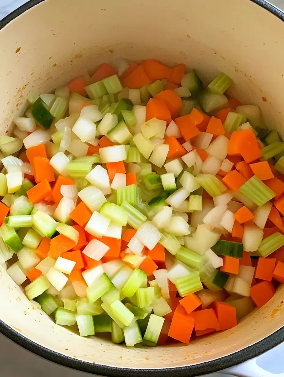 Des oignons, du céleri et des carottes hachés sont mélangés dans une grande marmite de cuisson.