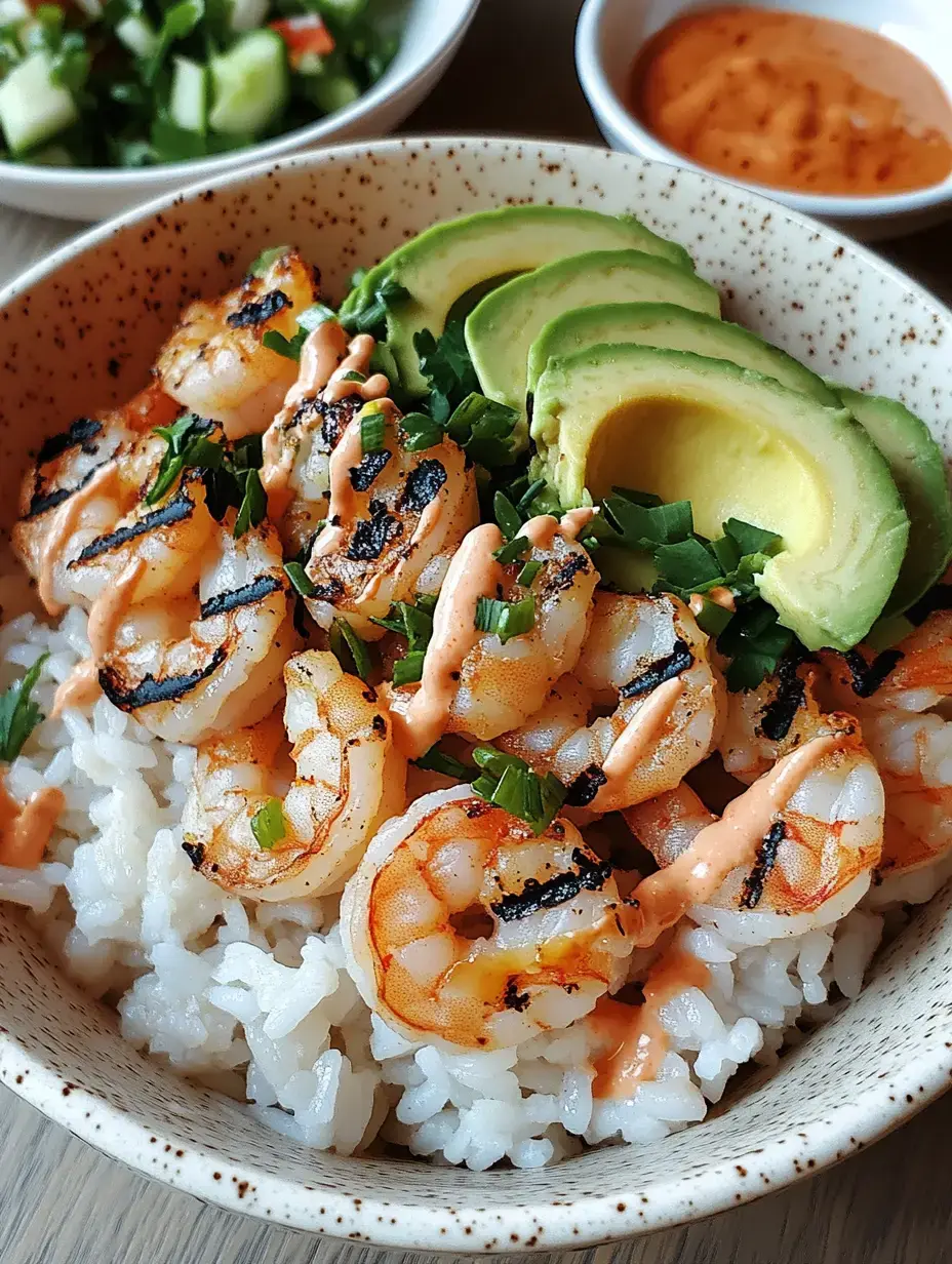 Un bol de crevettes grillées sur du riz blanc, garni d'avocat tranché et nappé d'une sauce épicée, servi avec une salade et une sauce pour tremper.