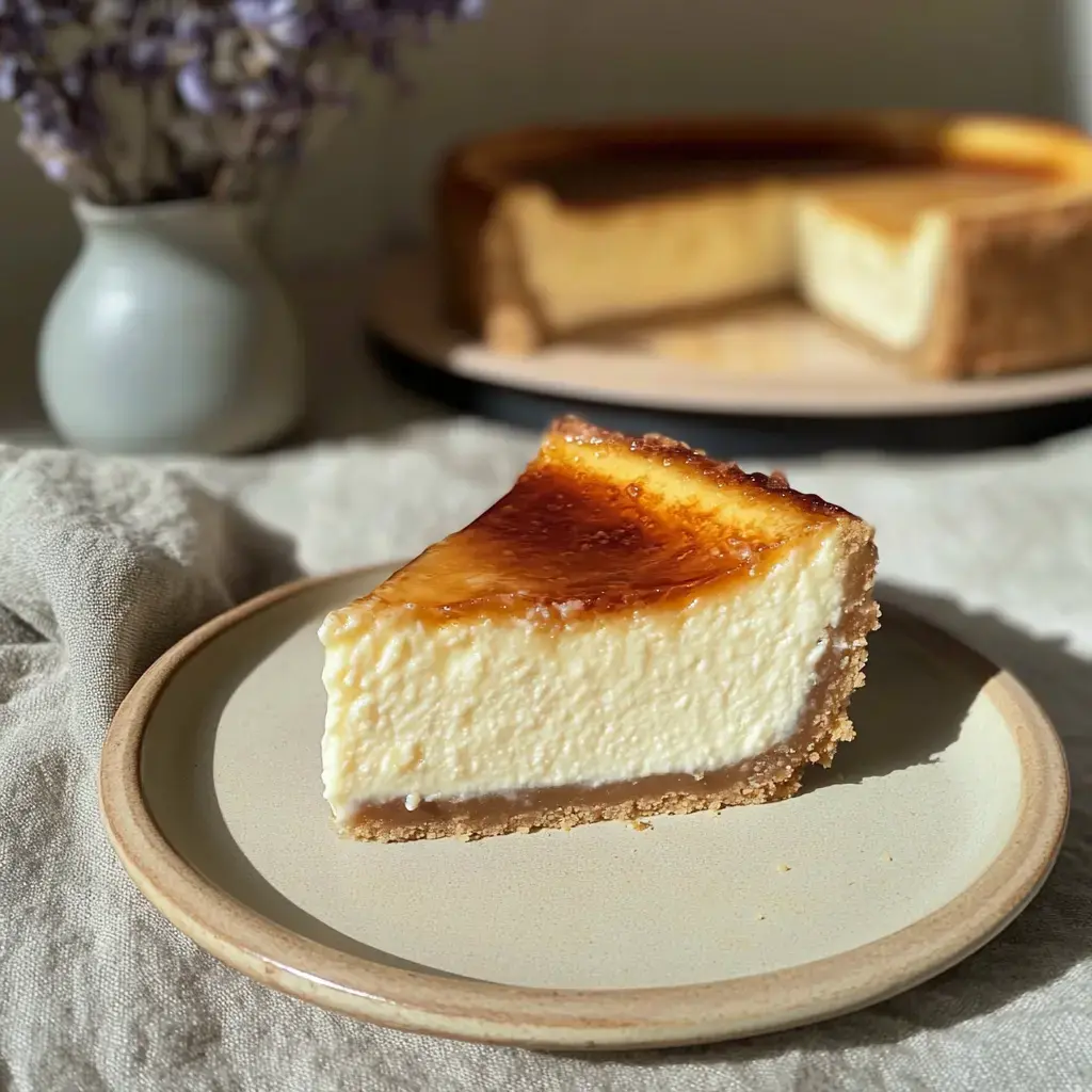 Une part de cheesecake avec une surface caramélisée sur une assiette, avec un cheesecake entier et un vase de lavande en arrière-plan.