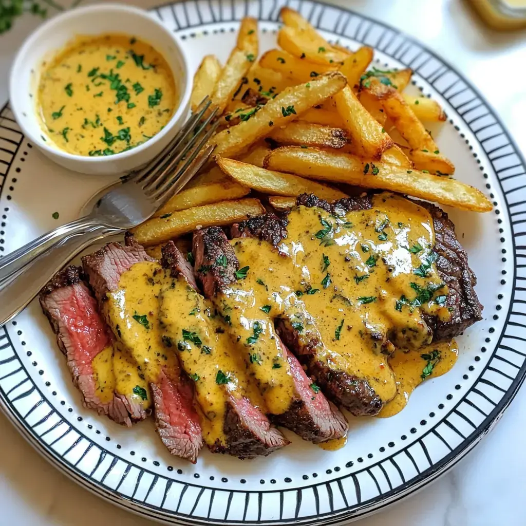 Une assiette avec des tranches de steak nappées d'une sauce crémeuse, accompagnées de frites croustillantes et d'un petit bol de sauce supplémentaire.