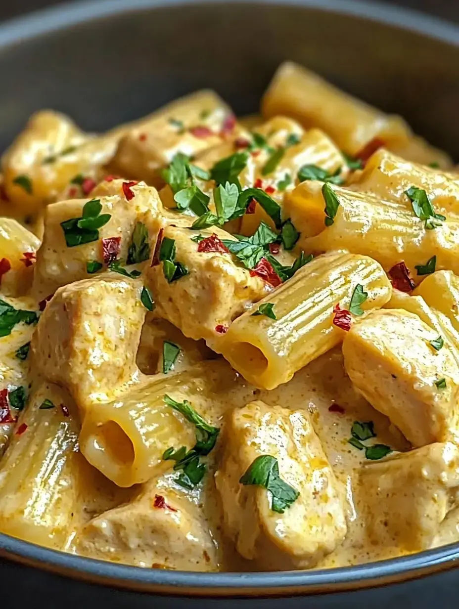 Un gros plan de pâtes rigatoni crémeuses mélangées avec des morceaux de poulet et garnies de persil et de flocons de piment rouge.
