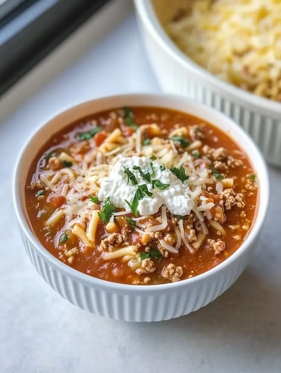 Un bol de soupe aux pâtes copieuse garnie de fromage râpé, viande hachée et une cuillerée de ricotta, décorée d'herbes fraîches.
