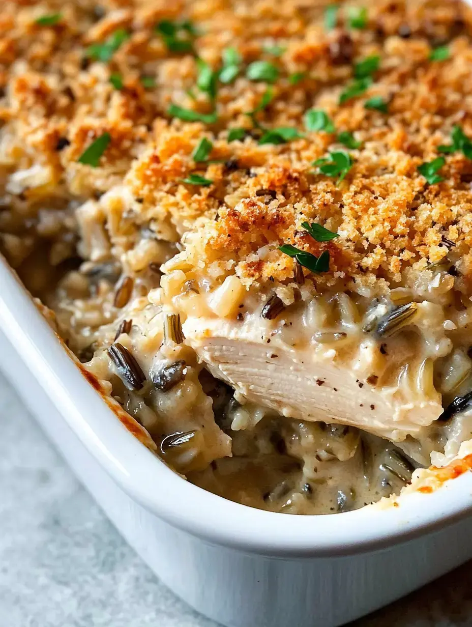Un gros plan d'une casserole crémeuse de poulet et riz sauvage garnie de chapelure dorée et d'herbes vertes.