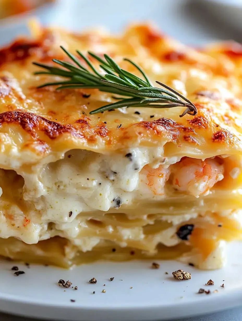 Un gros plan d'une part de lasagnes crémeuses aux crevettes recouvertes de fromage fondu et garnies d'un brin de romarin.