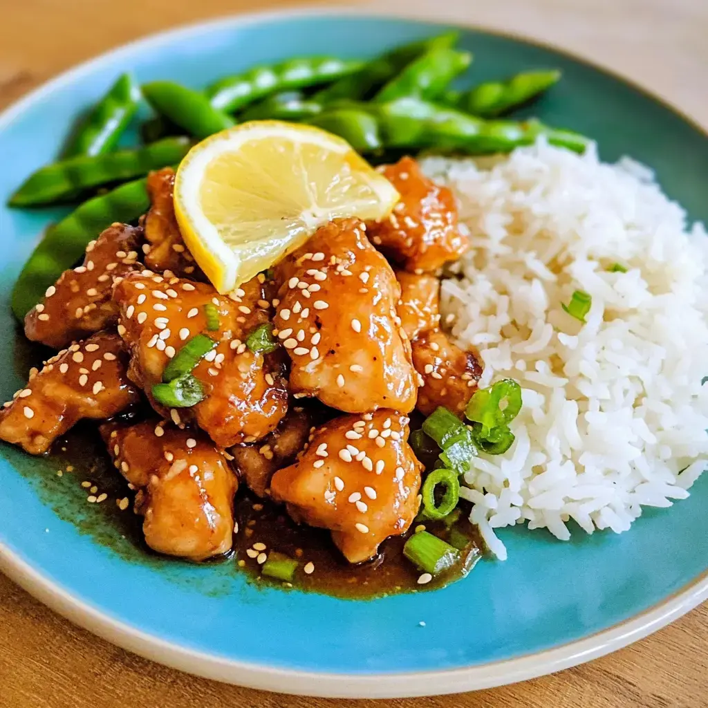 Une assiette de poulet au sésame garni d'une tranche de citron, servi avec du riz blanc et des haricots verts.
