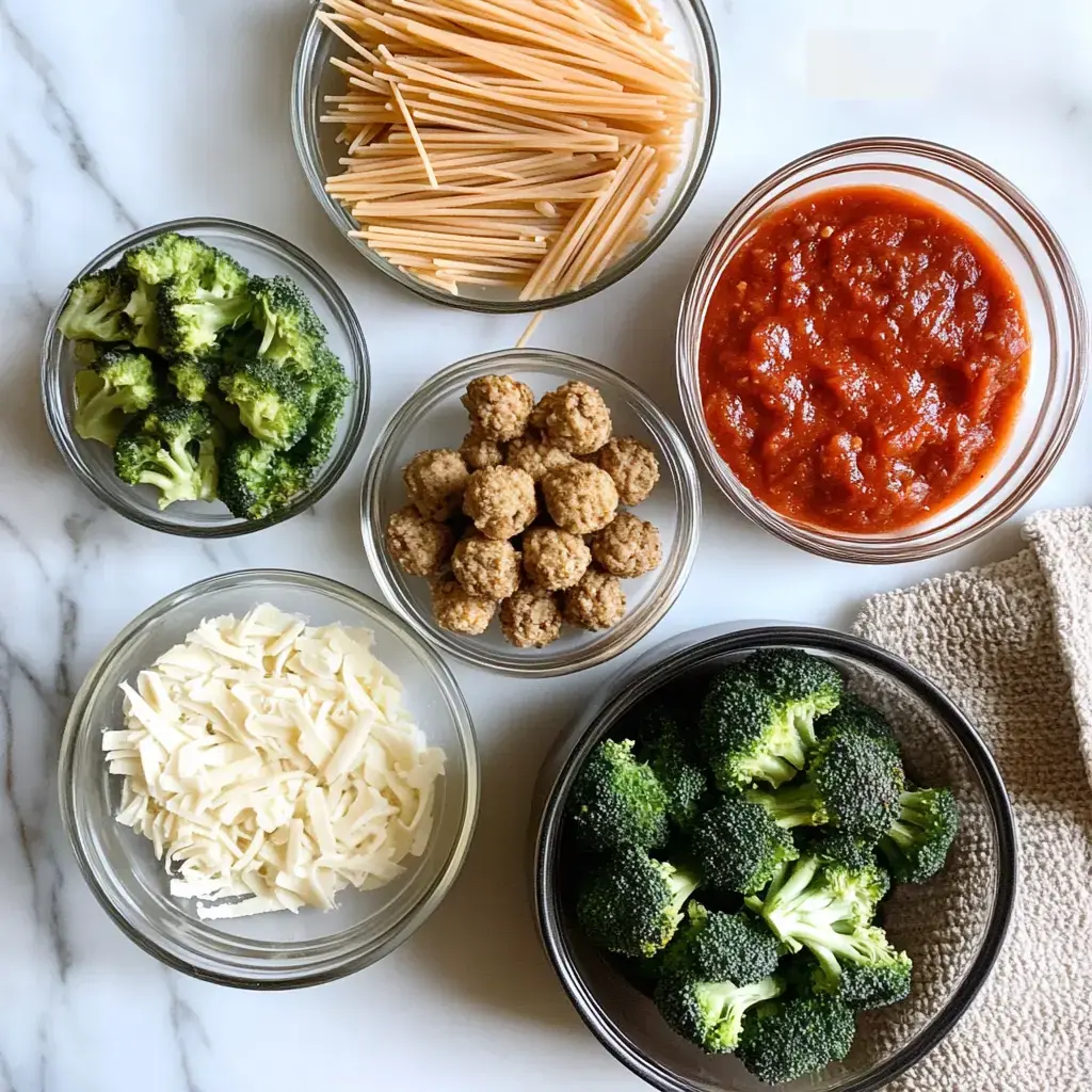 Un assortiment d'ingrédients disposés dans des bols, comprenant des spaghettis crus, du brocoli, de la sauce marinara, du fromage râpé et des boulettes de viande, présentés sur une surface en marbre.