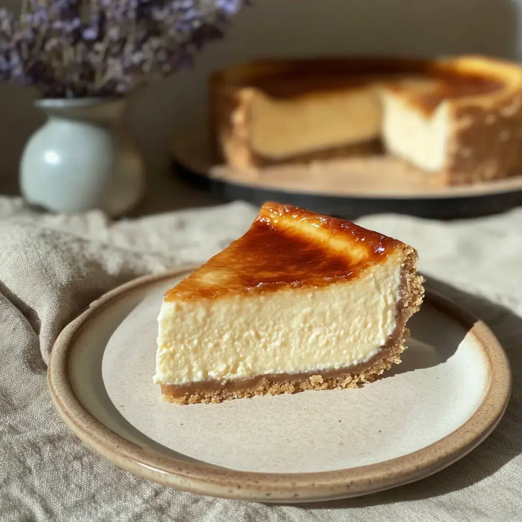 Une part de cheesecake crémeux avec une surface caramélisée posée sur une assiette, avec un cheesecake entier et un vase de lavande en arrière-plan.