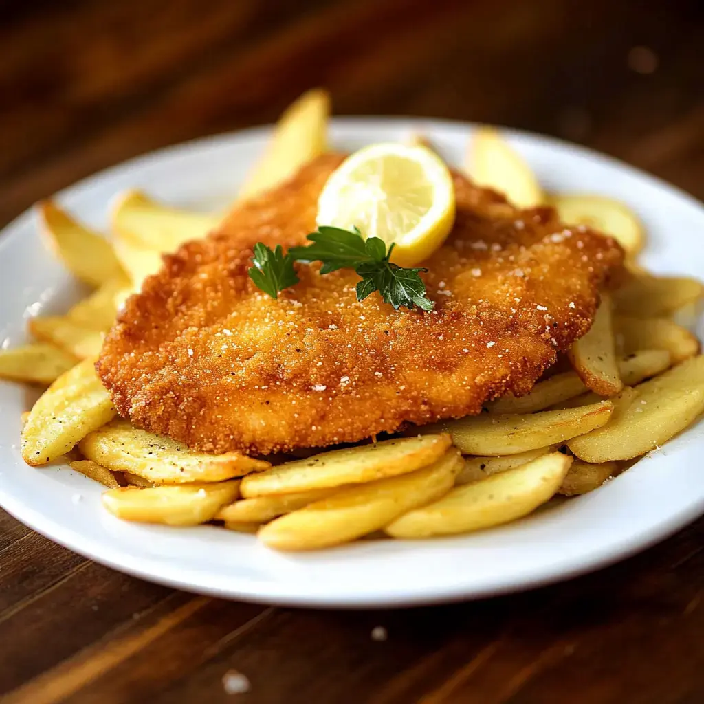 Une assiette de poisson frit doré et croustillant servi sur un lit de quartiers de pommes de terre, garni d'une tranche de citron et de persil.