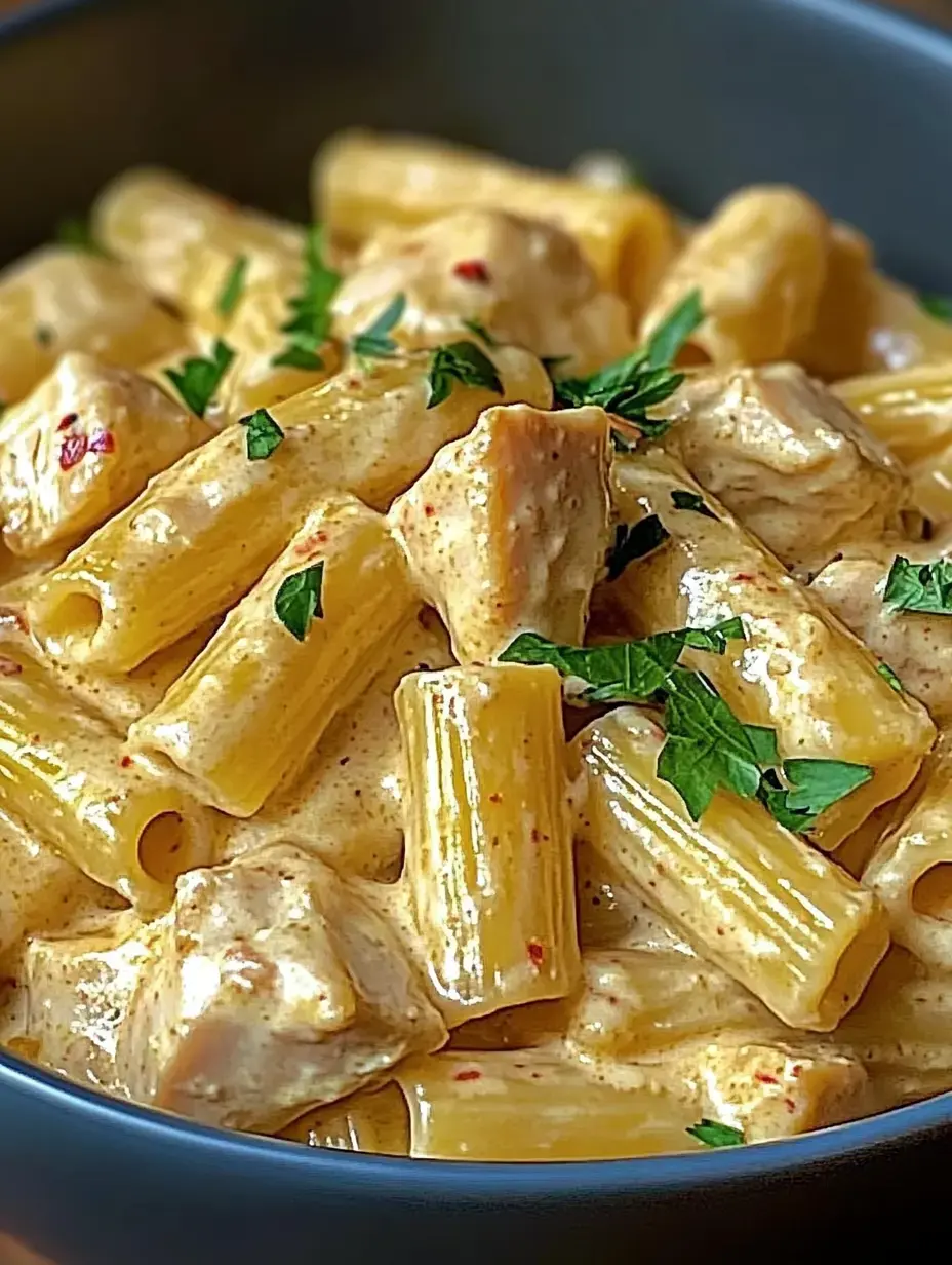 Un gros plan de pâtes crémeuses avec du poulet, garnies de persil dans un bol foncé.
