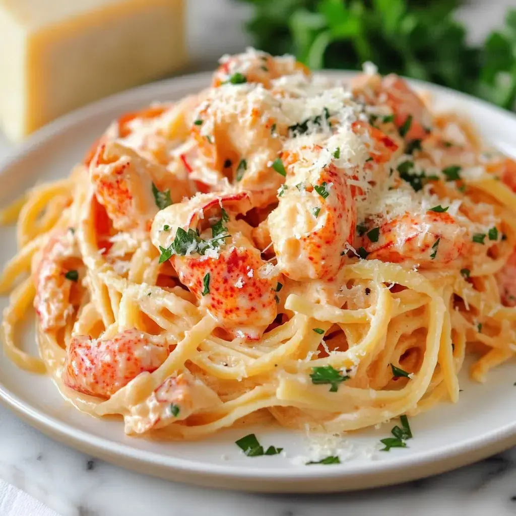 Une assiette de pâtes crémeuses au homard garnie de persil et de fromage râpé, accompagnée d'un morceau de fromage en arrière-plan.