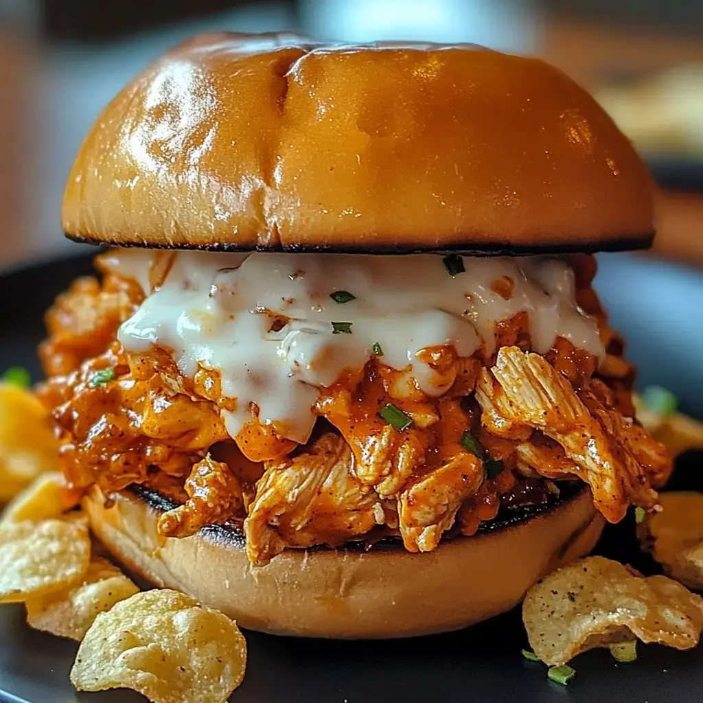 Un gros plan d'un délicieux sandwich avec du poulet effiloché dans une sauce épicée, garni d'une sauce crémeuse et servi avec des chips de pomme de terre.