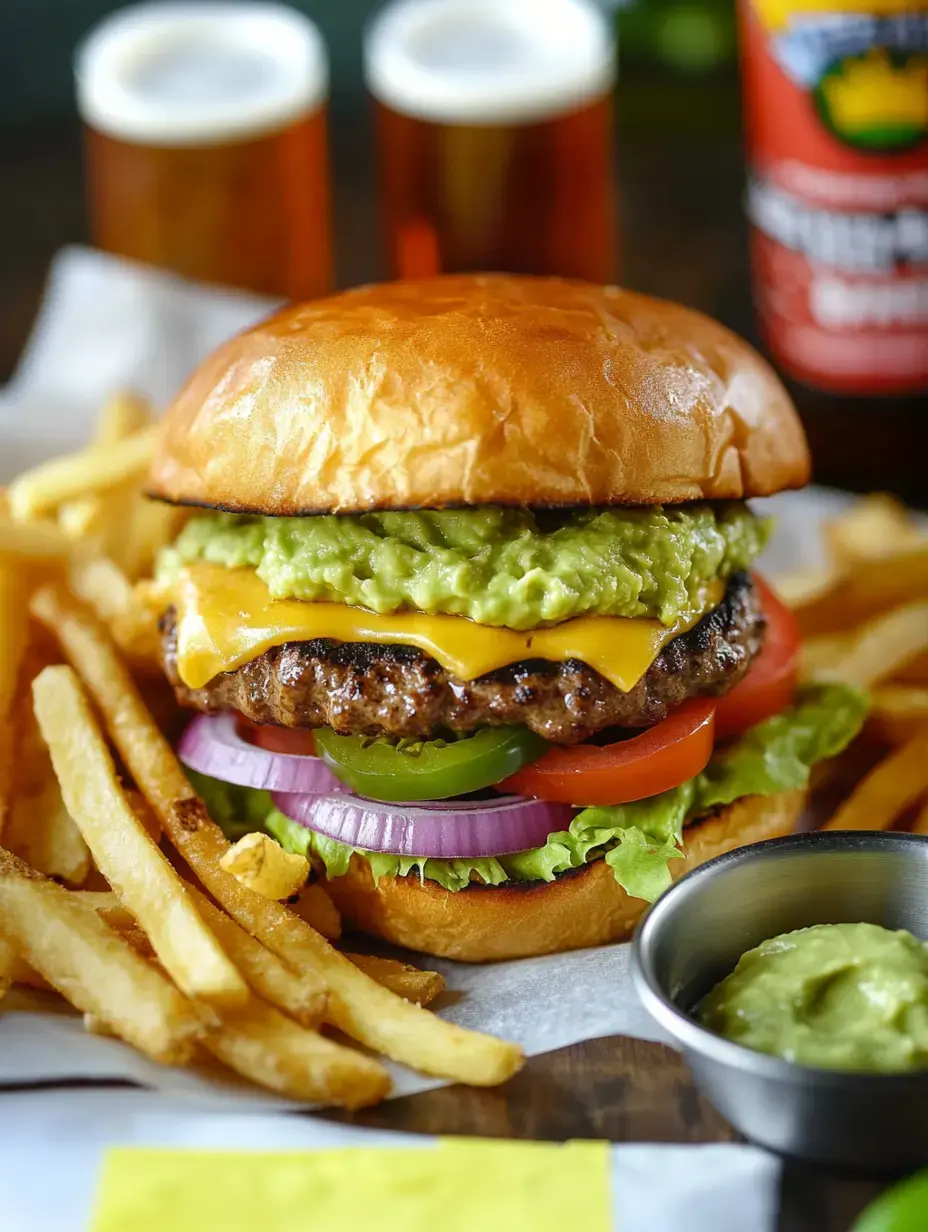 Un burger juteux au fromage garni de guacamole, laitue, tomate, oignon et cornichons, servi avec des frites et une portion de guacamole.