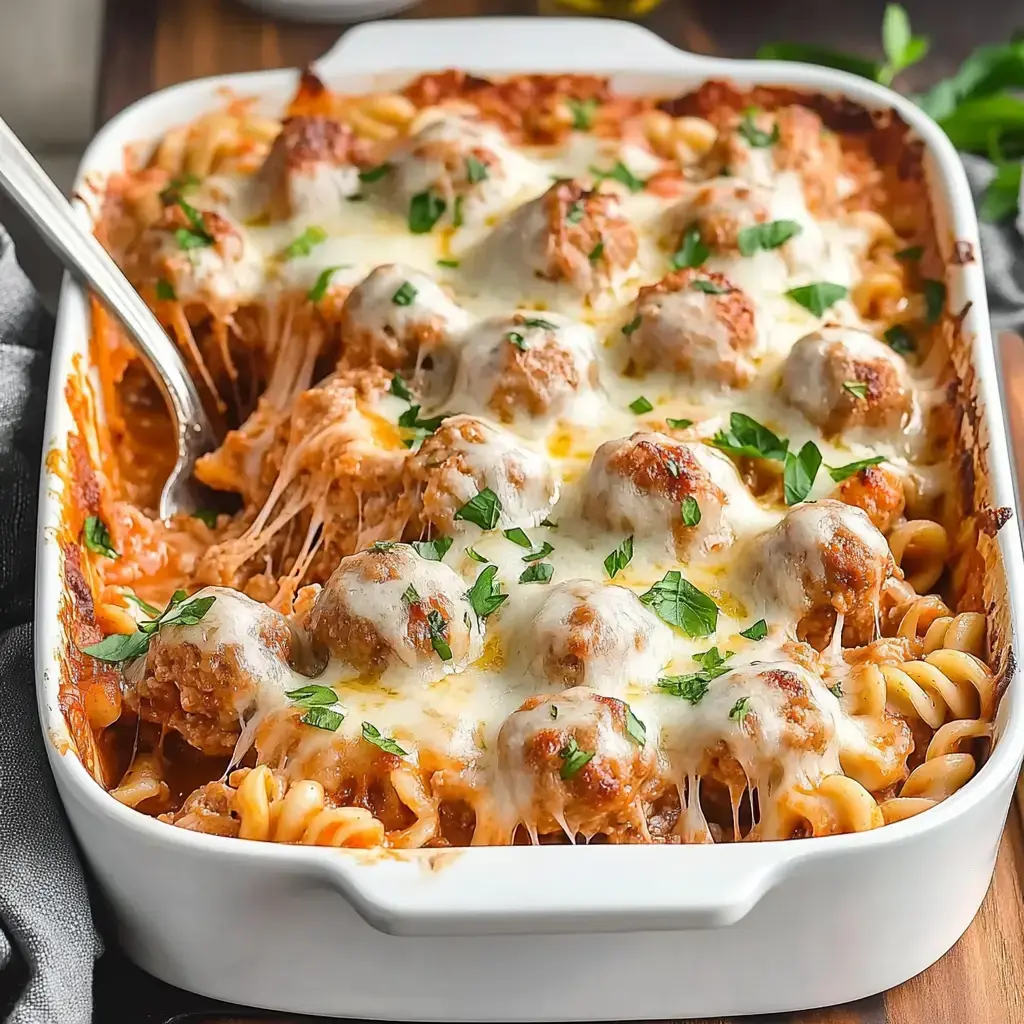 Un délicieux plat de casserole rempli de pâtes cuites, de boulettes, de sauce marinara et de fromage fondu, garni de persil.