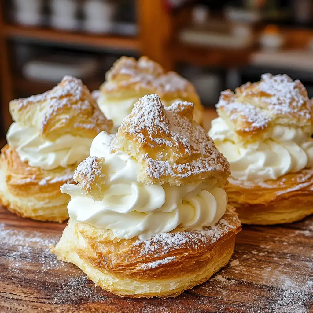 Gros plan sur trois choux à la crème saupoudrés de sucre glace sur une surface en bois.