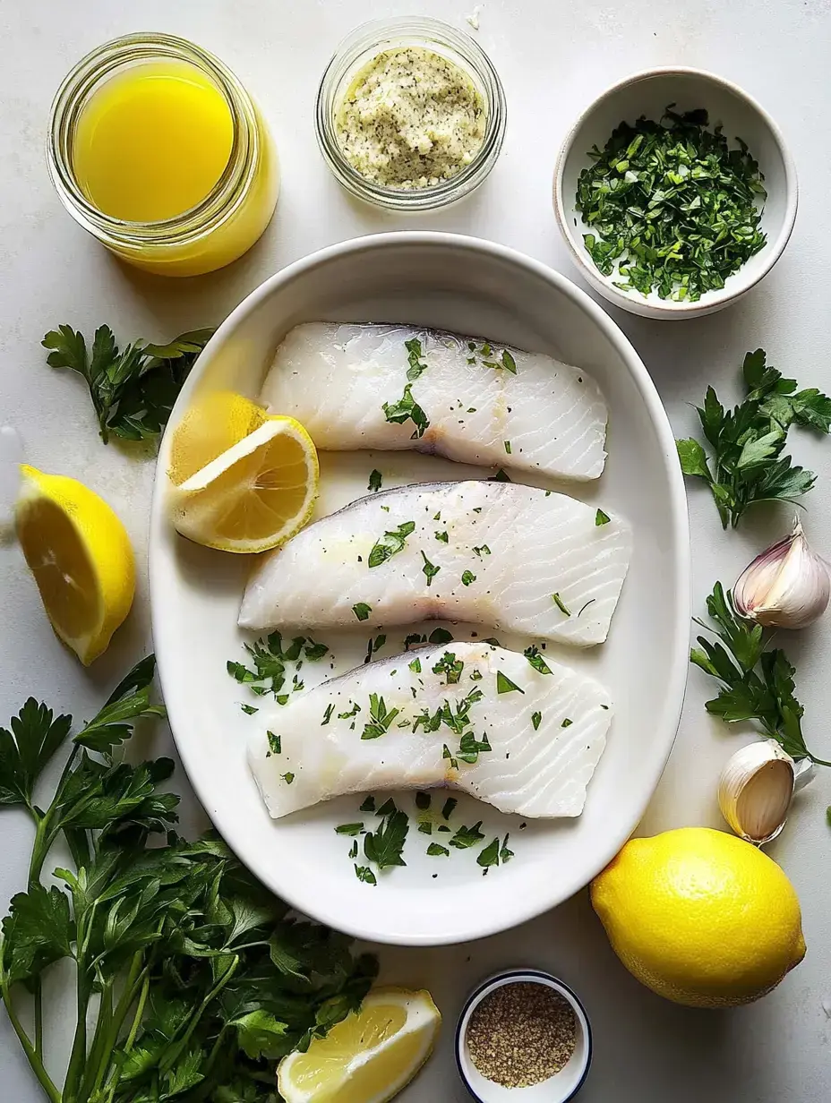 Une assiette de filets de poisson crus garnis d'herbes hachées, entourés de quartiers de citron, d'ail et de condiments.