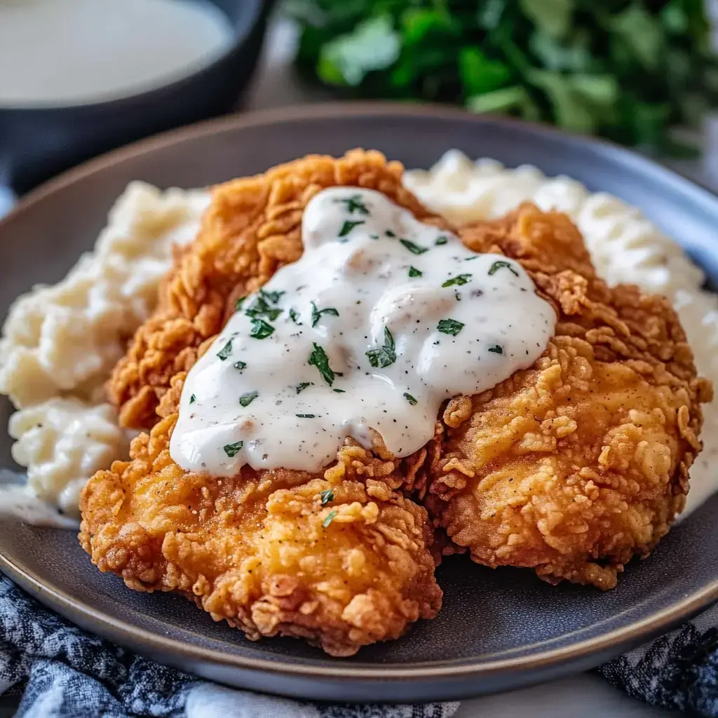 Une assiette avec deux morceaux de poulet frit nappés de sauce crémeuse, servis avec une portion de purée de pommes de terre.