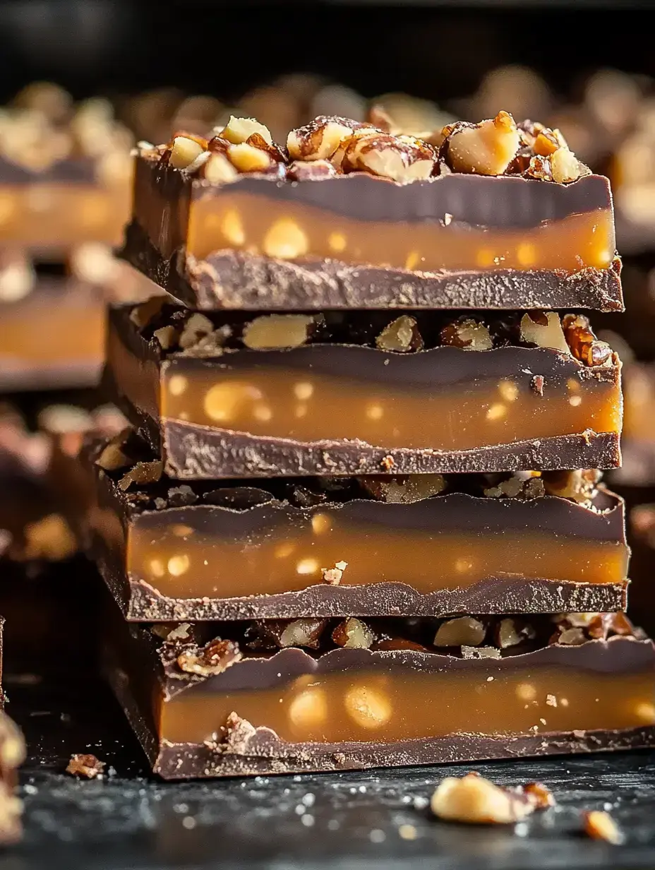 Un empilement de barres chocolatées et caramel garnies de noix hachées.