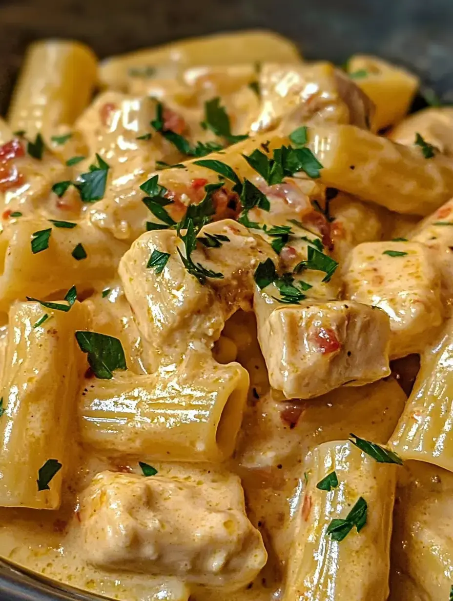 Un gros plan de pâtes rigatoni crémeuses mélangées avec des morceaux de poulet tendre et garnies de persil frais.