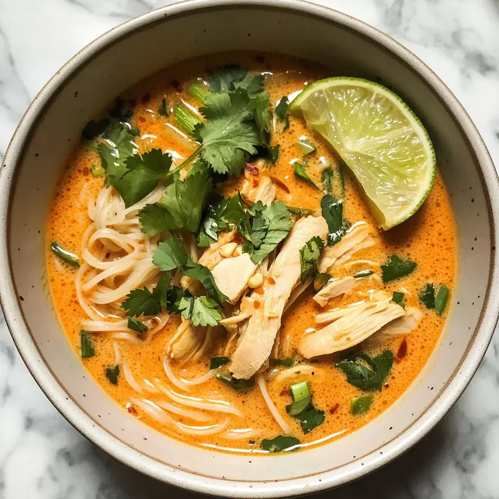Un bol de soupe orange crémeuse avec des nouilles, du poulet effiloché, de la coriandre et un quartier de citron vert sur une surface en marbre.