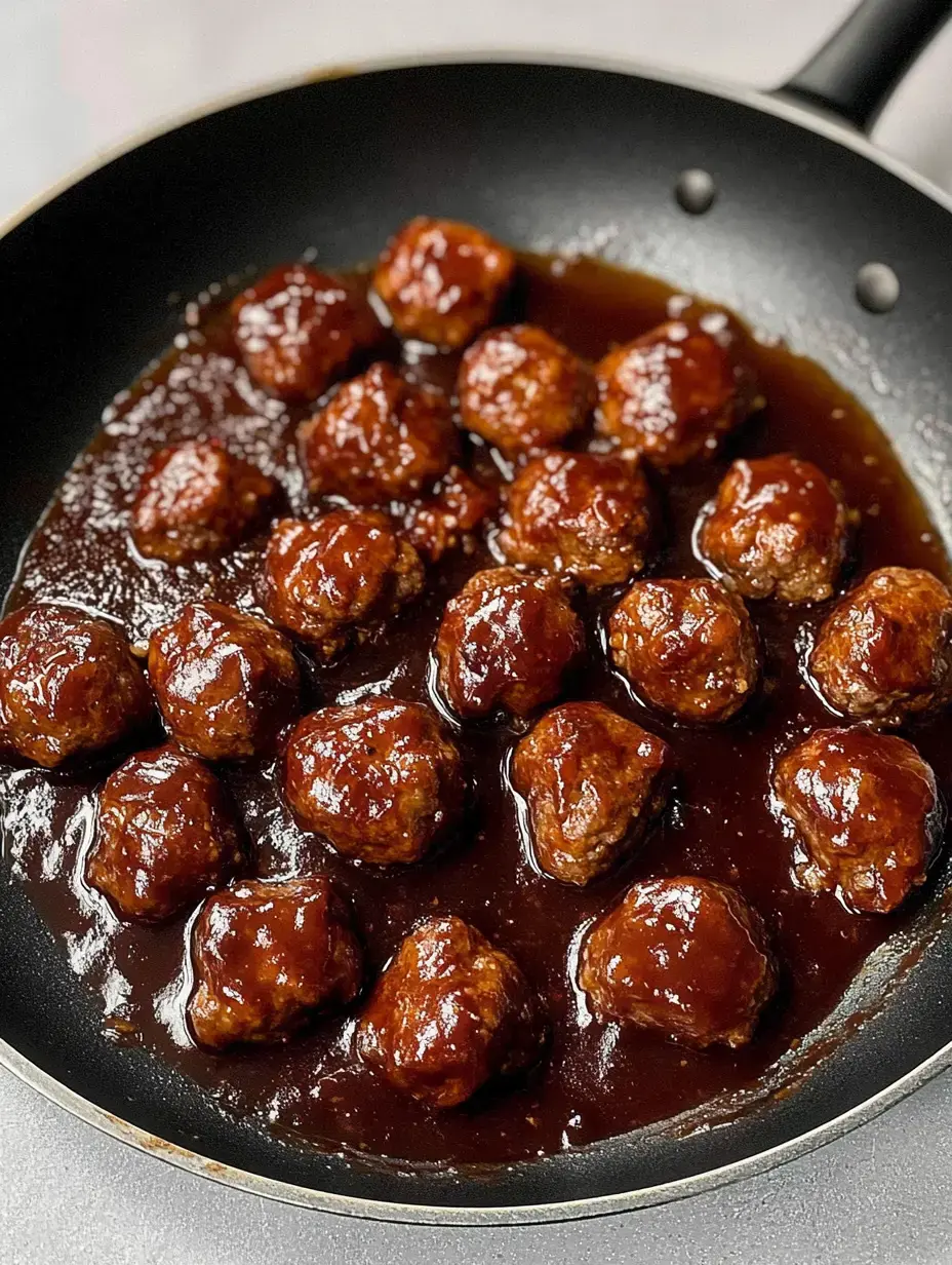 Un gros plan d'une poêle remplie de boulettes luisantes enrobées d'une sauce brune riche.