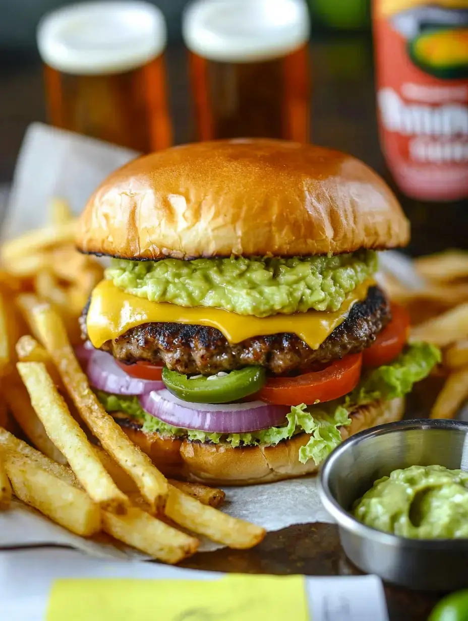 Un burger appétissant garni de guacamole, fromage, laitue, tomate, oignon et jalapeño, servi avec des frites et deux verres de bière en arrière-plan.